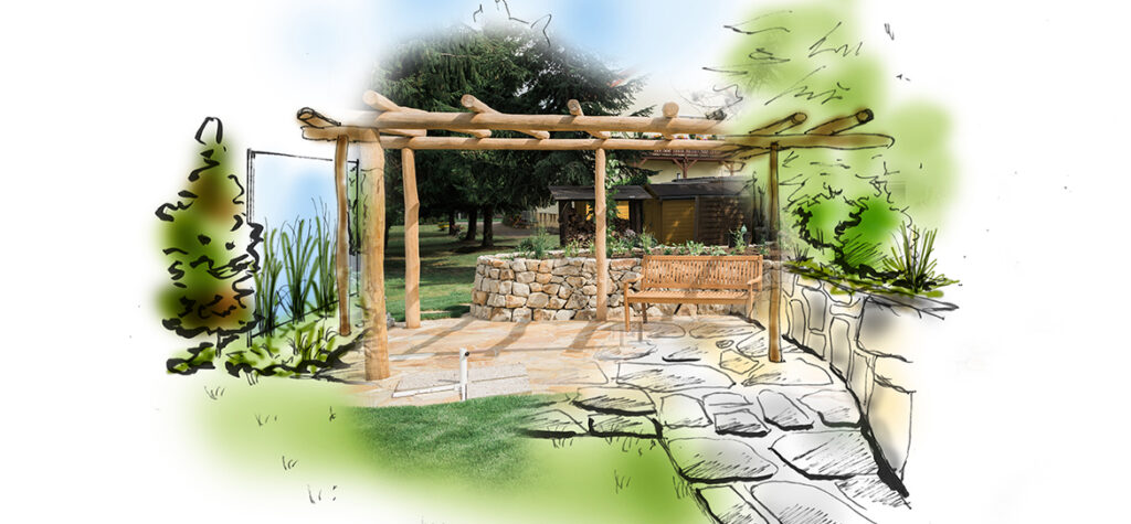 Mit Natursteinmauern haben wir den Garten und das Haus optisch miteinander verbunden. Die alte Treppe, die vom Wintergarten zum Garten führte und bei Nässe und Schnee eine erhebliche Unfallquelle darstellte, haben wir entfernt. Stufen aus Sandstein führen nun in den Garten.