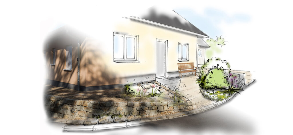 In diesem Garten war die größte Aufgabe, die Höhenunterschiede zu überwinden und Garten und Haus in eine Einheit zu verwandeln.